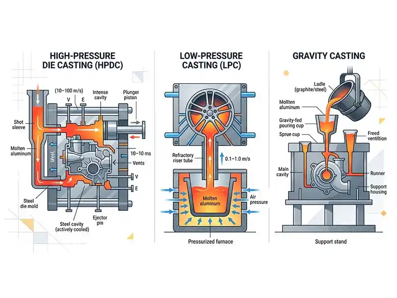 铝铸件主要生产工艺对比图，展示高压压铸、低压铸造和重力铸造的原理截面