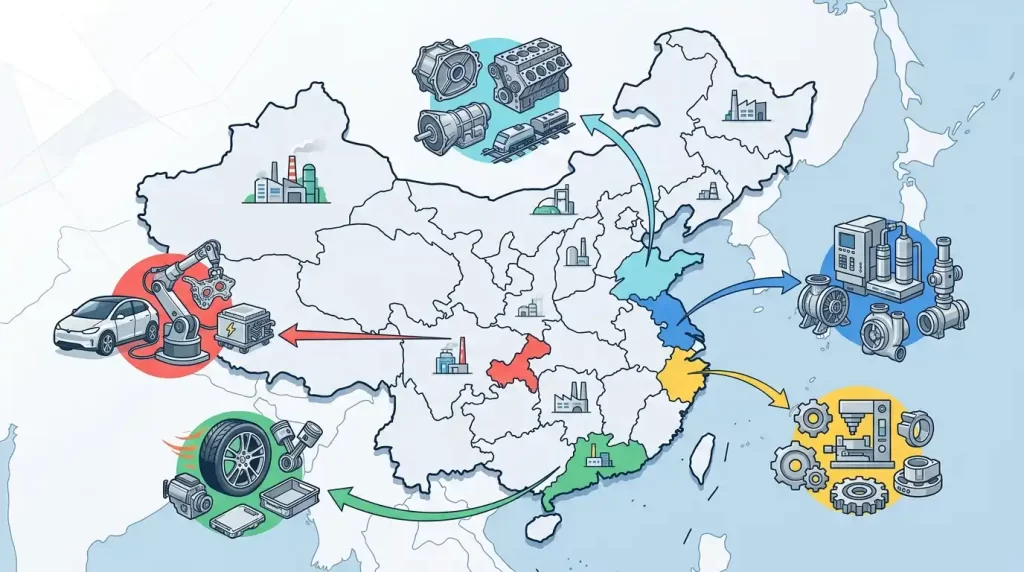 中国五大铝铸件产业集群分布图，标注广东、浙江、江苏、山东、重庆及各自特色