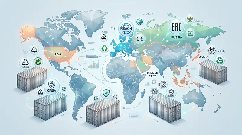 Vergelijkende grafiek van verschillen in nalevingsvereisten voor de verpakking van aluminium gietstukken bestemd voor de Chinese export, per land van bestemming