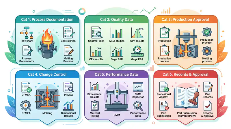 Ilustração das seis categorias principais da lista de 18 documentos PPAP para fornecedores de fundição na China